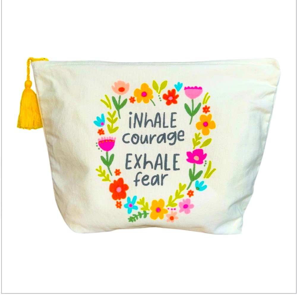 Large Makeup Bag, White With flowers and a positive message‎ with yellow tassels